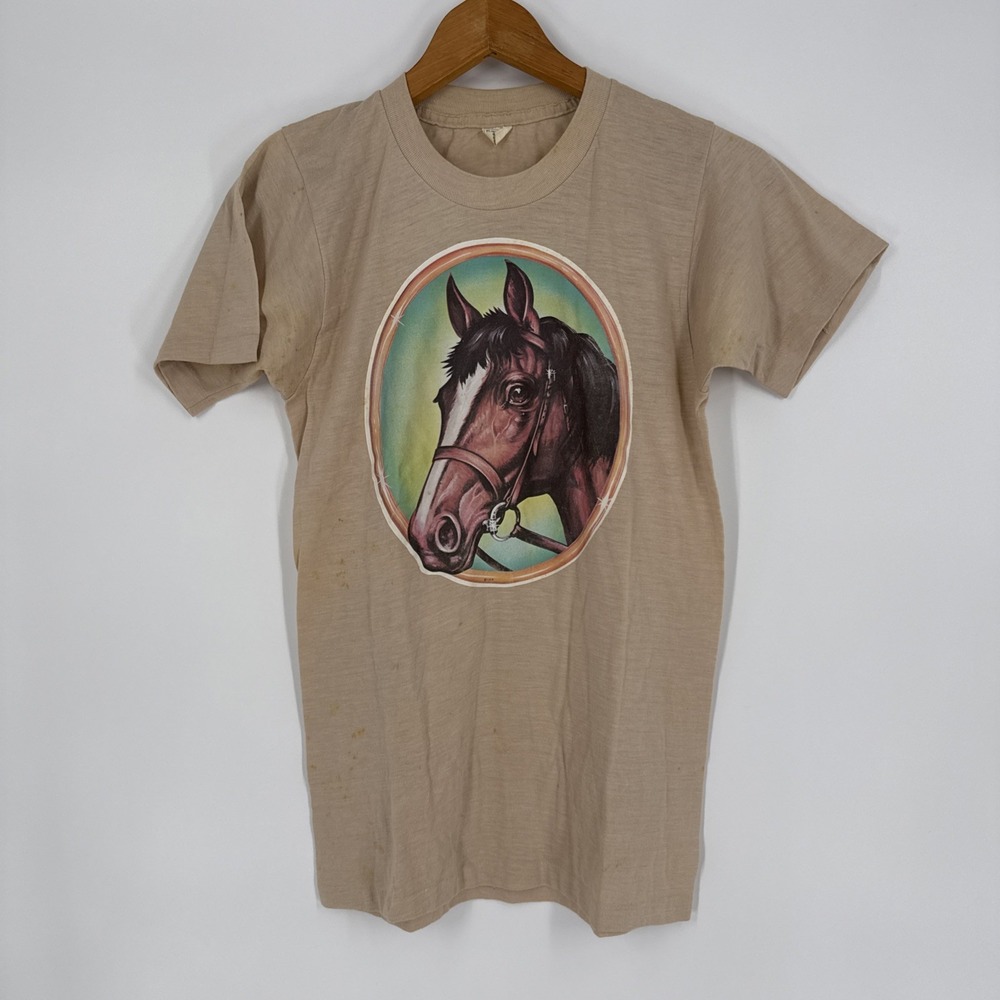 Vintage 80s Horse T Shirt Sz S Single Stitch Equestrian Animal Art Dacron